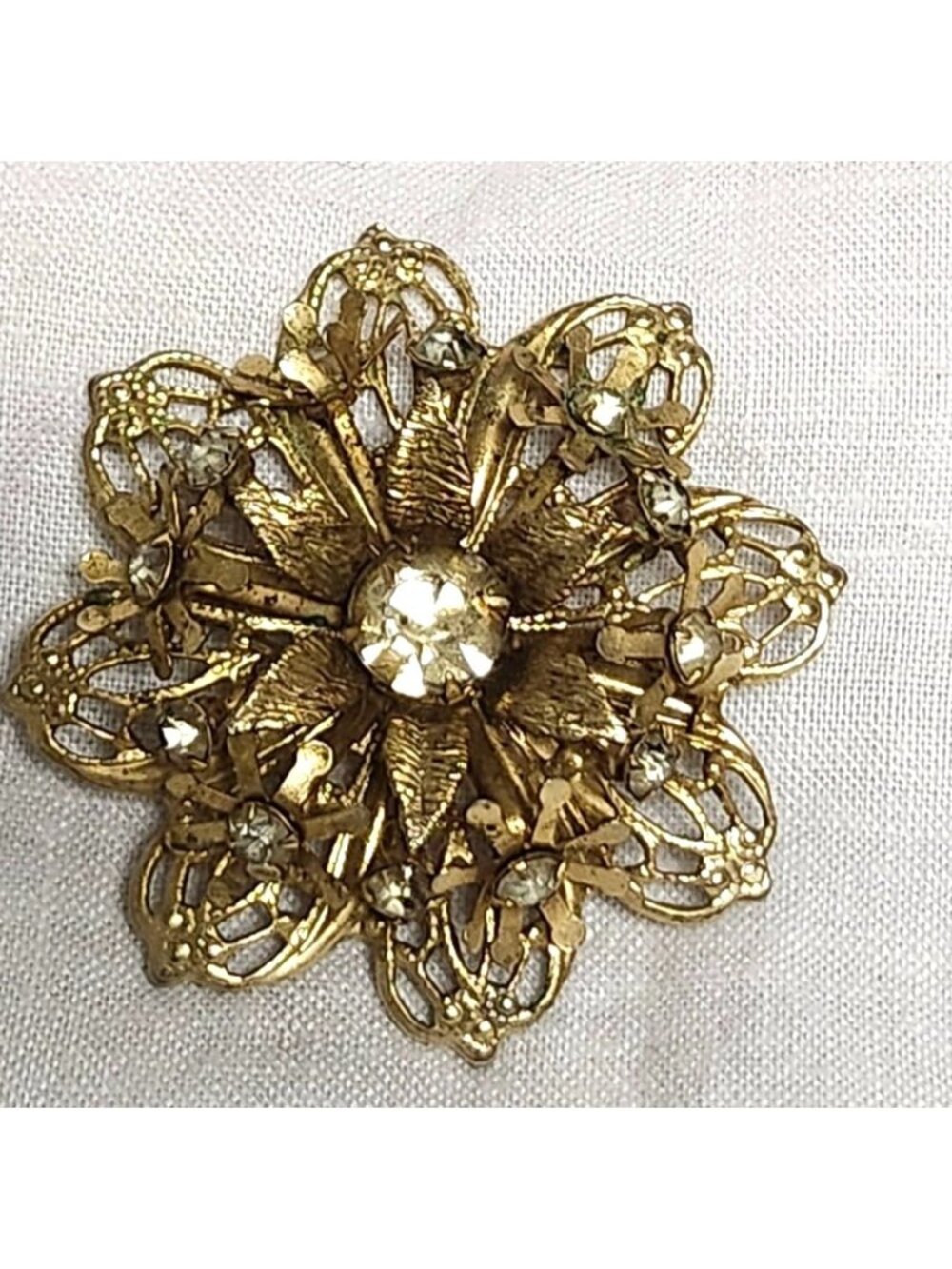 Vintage Gold Tone Multi-Layered Filigree Brooch Rhinestone Accents Sparkling Rom